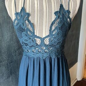 Free People Adella Lace Maxi Slip Dress in Teal Size S